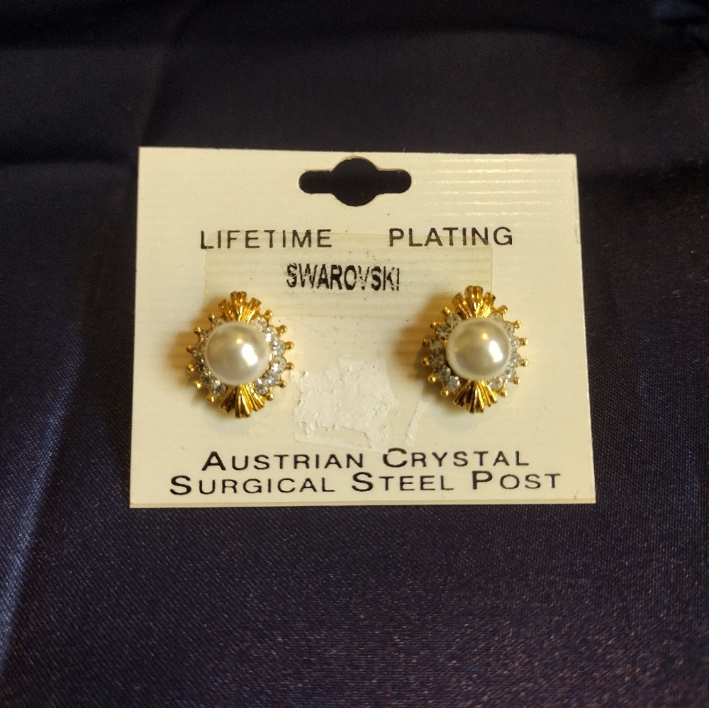 Swarovski crystal and faux pearl stud earrings